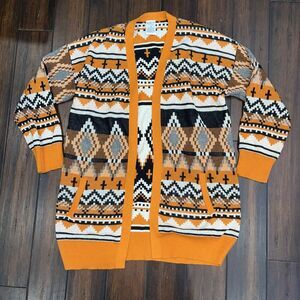 SERRA Tribal Long Open Cardigan Sweater Sz  XL Pockets Cotton Acrylic Boho
